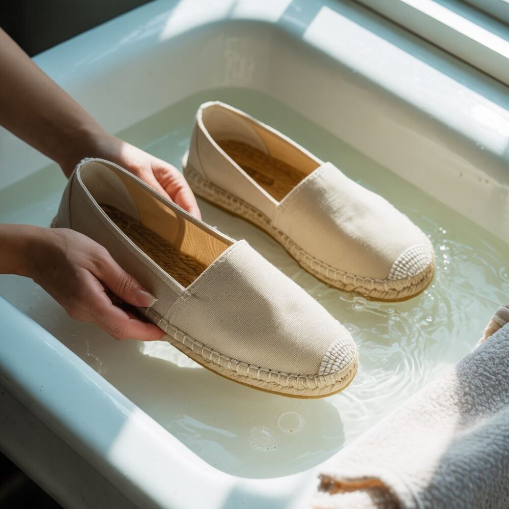 czyste espadryle w misce z wodą