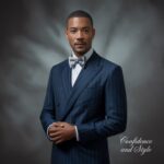 granatowy garnitur z muchą