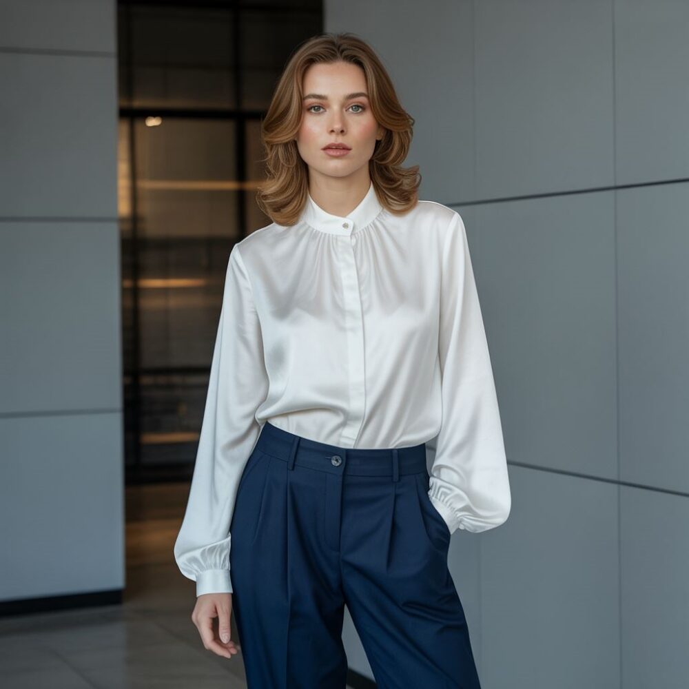 modna kobieta w granatowych spodniach