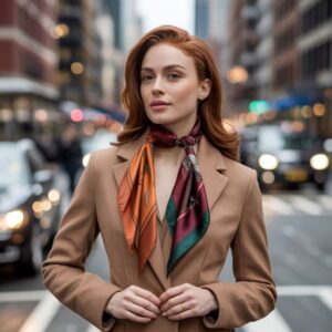 modny szalik na płaszczu damskim