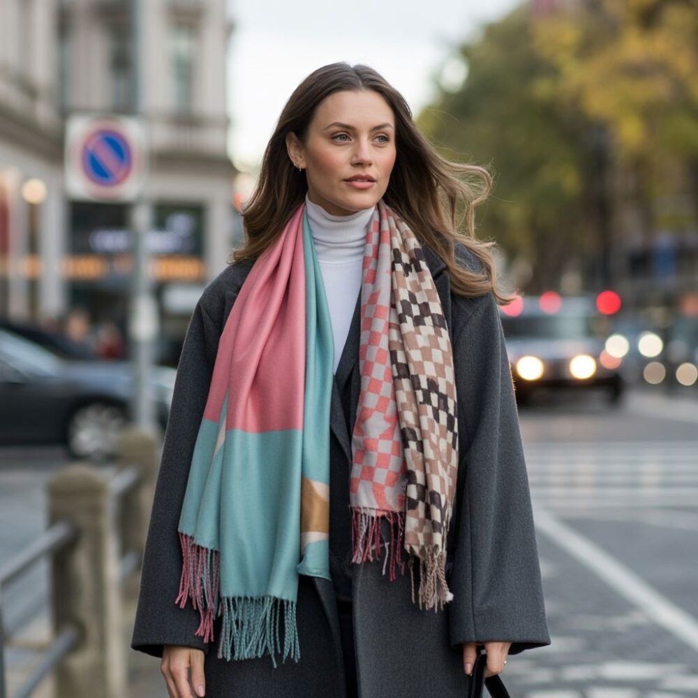 stylizacja z szarym płaszczem i szalem