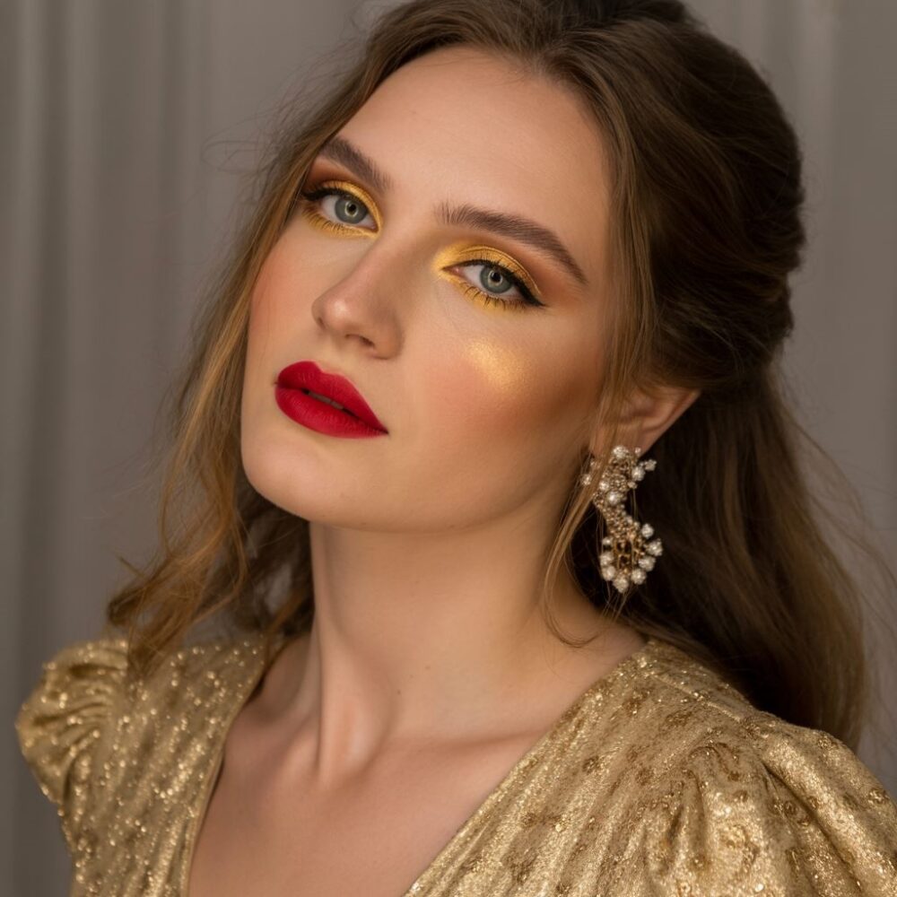wieczorowy makijaż do złotej kreacji