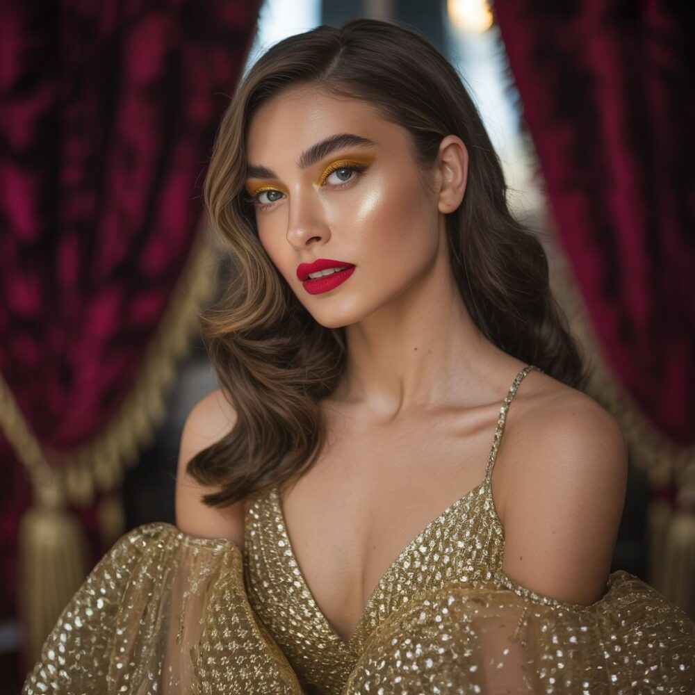 złota sukienka i elegancki makijaż