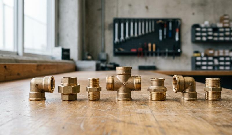 Różne typy złączek mosiężnych do instalacji wodnych na stole roboczym