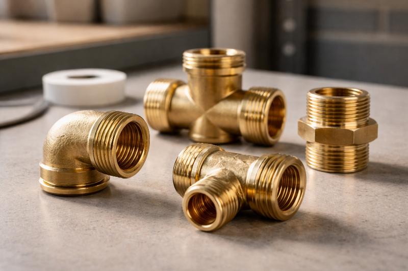 Różnorodne złączki mosiężne widoczne z bliska